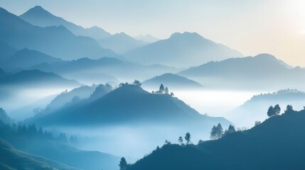 Obraz premium Serene Blue Mountain Landscape with Misty Peaks and Soft Light