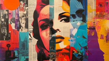 Abstract Pop Art Portrait of a Woman, vibrant collage with bold colors and fragmented imagery, showcasing a modern and expressive style