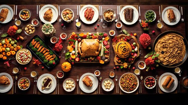An aerial view of a traditional Thanksgiving dinner featuring a beautifully arranged table with roasted turkey, various side dishes, and festive decorations in a cozy indoor setting