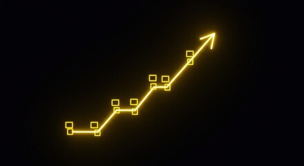 A glowing yellow line graph ascends sharply against a dark background, signifying growth, progress, and success. Small squares mark data points along the upward trajectory.