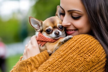 A woman wearing an orange sweater is joyfully holding her small Chihuahua while enjoying a sunny afternoon outside