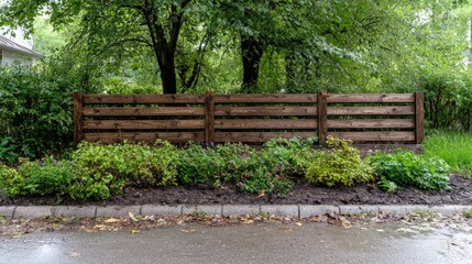 Wooden fence garden landscaping, suburban backyard, rainy day