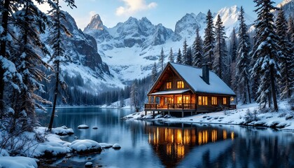 Majestic mountains with autumn foliage reflected in calm water under a clear blue sky.

