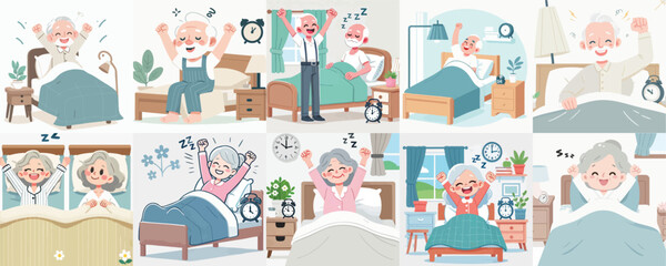 vector of an elderly person waking up while raising his hands