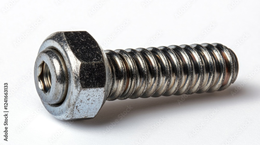 Poster a close-up shot of a screw on a white surface, ideal for use in illustrations or designs where a sma