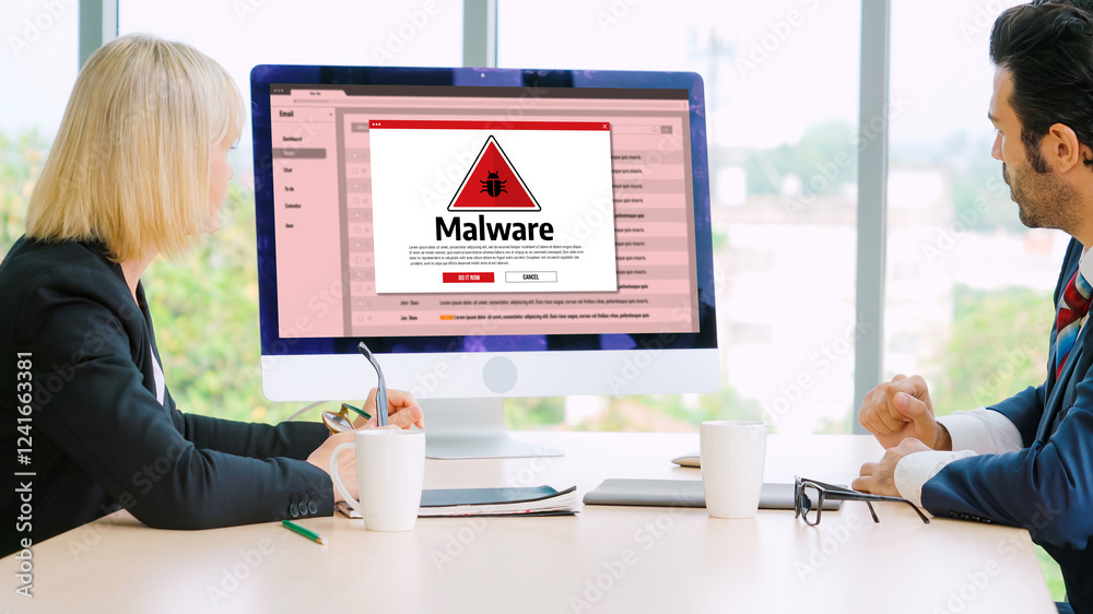 Poster cyber attacking concept. malware alert showing on computer screen display scam and threat detection 