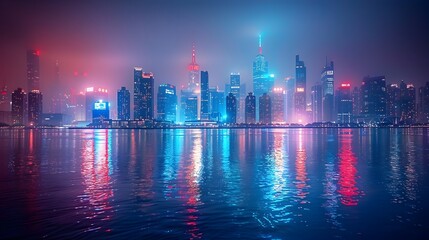 Dazzling Nighttime Cityscape with Illuminated Skyscrapers and Waterfront Reflections