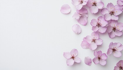 Fototapeta premium Delicate pink flower petals scattered elegantly on a white background, embodying a serene and fresh aesthetic.