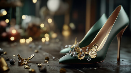 Obraz premium Elegant Army Green Heels with Gold Butterflies at a Party Venue