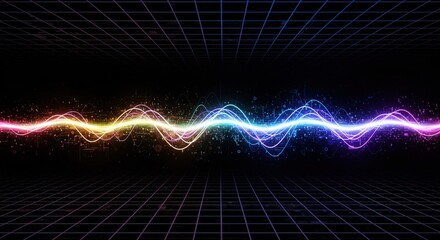 Vibrant, multicolored waveforms flow across a dark gridded background, evoking digital energy and data streams. Neonlike glow enhances the futuristic aesthetic.