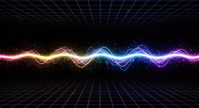 Vibrant, multicolored waveforms flow across a dark gridded background, evoking digital energy and data streams. Neonlike glow enhances the futuristic aesthetic.