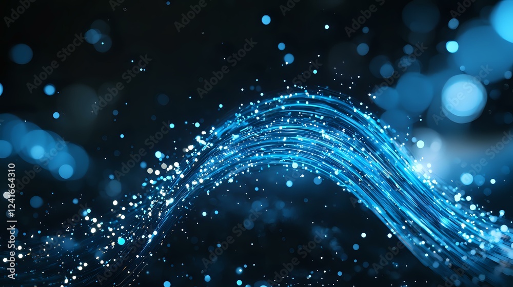 Poster glowing blue wave with sparkles and bokeh effects on dark background creates dynamic motion and ener