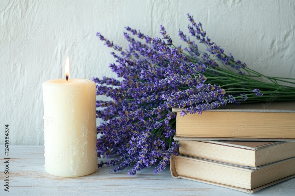 Poster a still life image featuring a bunch of books and a lit candle on a table