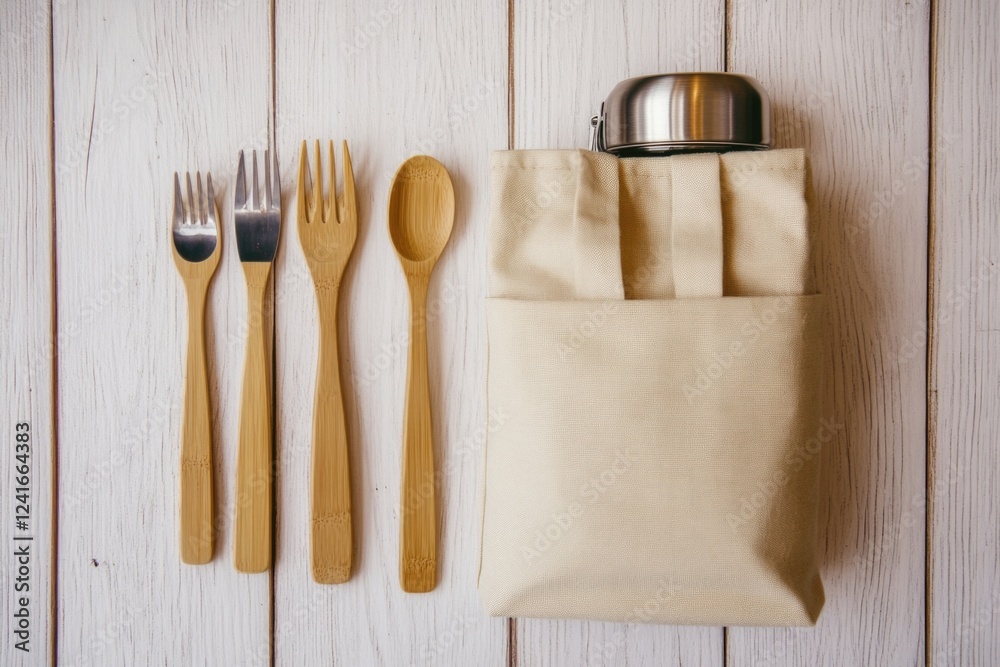 Poster a collection of kitchen utensils and a bag sit on a table, ready for use