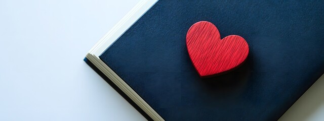 A simple red heart-shaped wooden bookmark is placed on the edge of an open navy blue notebook
