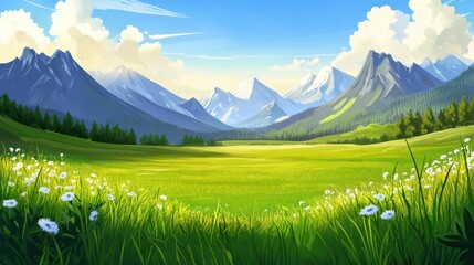 Serene Landscape with Mountains, Green Meadows, and Blue Sky