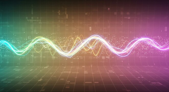 Glowing colorful waveforms traverse a gridded digital background. The scene evokes technology, data, and network connections. Futuristic and abstract.