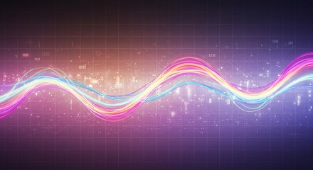 Glowing, colorful waves flow across a digital grid. Numbers and data points overlay the dynamic lines, suggesting data streams and network flow. Abstract tech background.