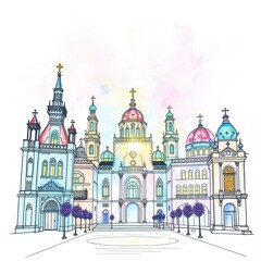 Fototapeta premium Colorful Basilica Complex Illustration Watercolor Church Art