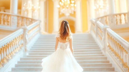 A Latina girl glides down a grand staircase in her flowing Quinceañera dress, lit by a golden chandelier