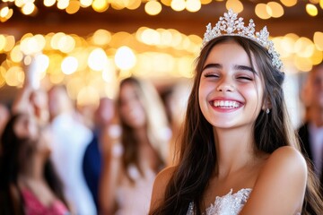 Fototapeta premium A happy Quinceanera girl beams as she is crowned with a tiara, surrounded by soft golden lights, capturing a magical moment