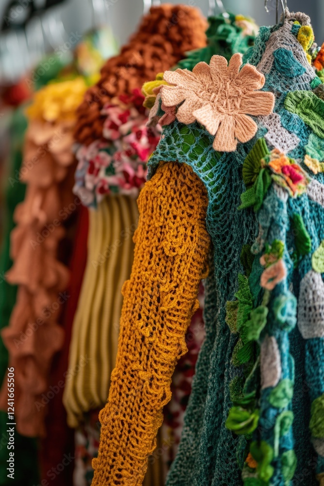 Poster a collection of colorful knit scarves displayed on a rack for sale or display