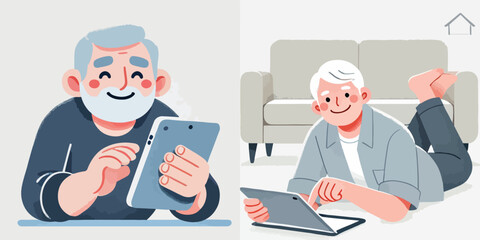 vector of an old man using a tablet while relaxing