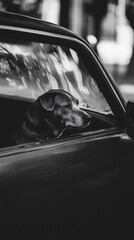 Dog looking out car window, city street background, pet travel