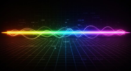 Vibrant rainbow waveforms traverse a dark grid overlaid with financial data, numbers, and symbols. A futuristic, technological aesthetic.