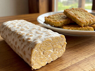 A close-up photo of raw tempeh placed on a wooden cutting board, showing its textured surface and natural soybean pattern.