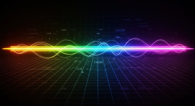 Vibrant rainbow waveforms traverse a dark grid overlaid with financial data, numbers, and symbols. A futuristic, technological aesthetic. - Powered by Adobe
