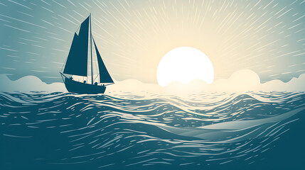 Fototapeta premium A sailboat is sailing in the ocean with the sun setting in the background