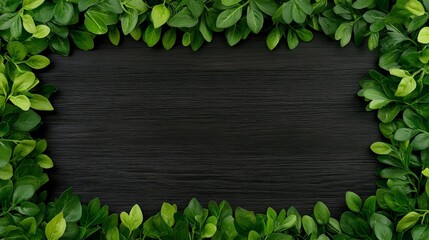 Green Frame on Black Wood: A vibrant, fresh green foliage frame encircles a sleek, dark wood background, offering a blank canvas for your creative ideas and text.