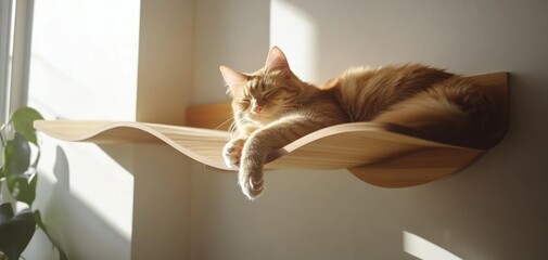 Obraz na płótnie Canvas Ginger Cat Napping on a Modern Wooden Shelf in Sunlit Room
