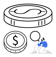 Giant coin with dollar symbol, person holding magnifying glass studying it. Ideal for finance, market analysis, budgeting, savings, investments, economic strategy, abstract line flat metaphor