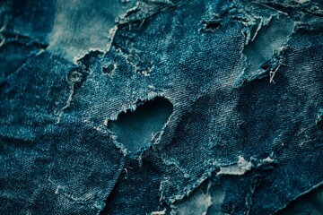 Texture of blue torn denim jean with hole and threads, background.