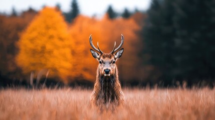 Majestic deer in autumnal field, forest background. Wildlife photo for nature publications