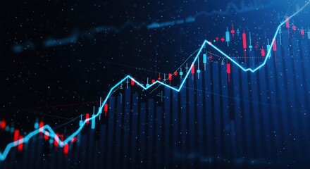 A dynamic visualization of financial market data. Candlestick charts illustrate stock price fluctuations, showcasing upward trends and potential investment growth opportunities. Data analysis tools ar