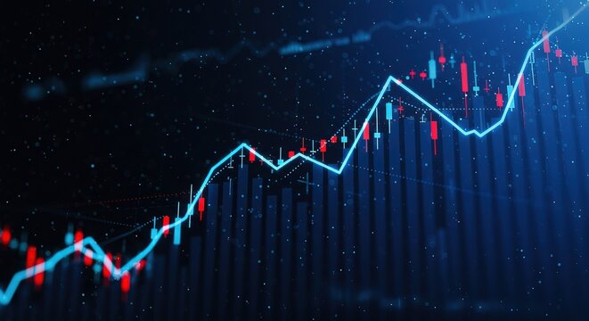 A dynamic visualization of financial market data. Candlestick charts illustrate stock price fluctuations, showcasing upward trends and potential investment growth opportunities. Data analysis tools ar