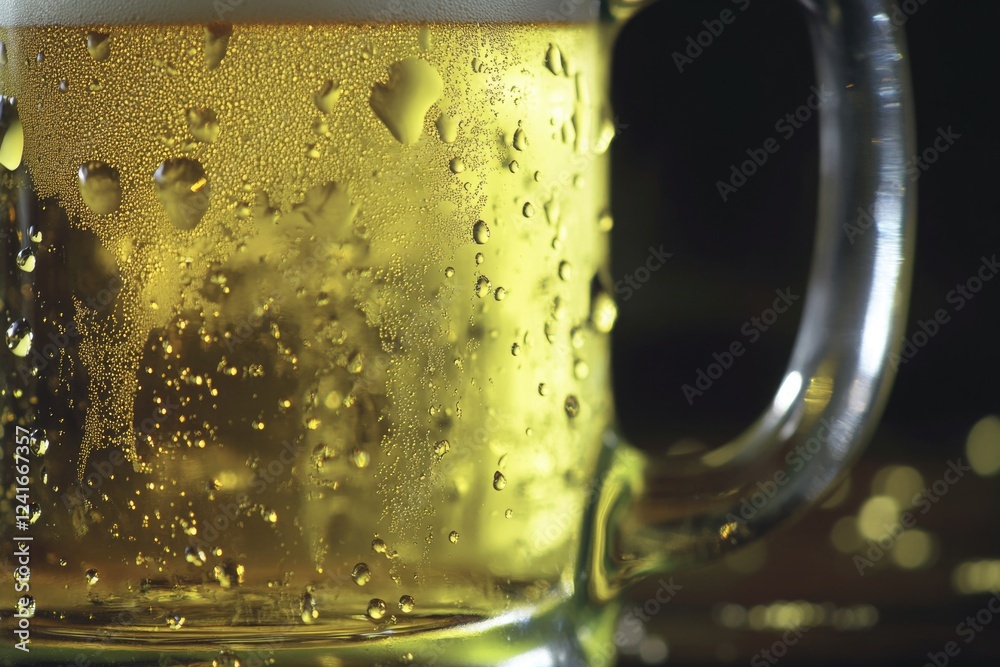 Poster a close-up view of a glass filled with beer, perfect for advertising or editorial use