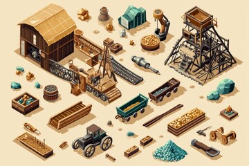 Detailed Isometric Mining Equipment Collection: Vintage Gold Extraction Assets for Game Design