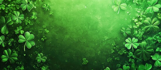 Ultra-modern mockup background with space for text for Saint Patricks Day, designed with a fresh mossy green gradient, Celtic patterns, and floating shamrock petals