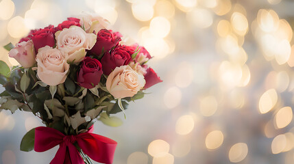 A bouquet of red and pink roses is displayed in a vase