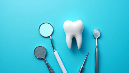 Top view, Tooth and dental instruments on blue background. Dental treatment. Dentist tools mirror, hook, tweezers, syringe