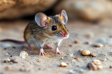 A small mouse perched on the surface of sandy terrain