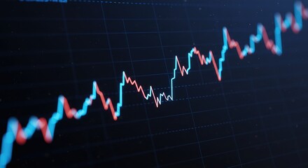 Closeup of a dynamic stock market chart displaying fluctuating blue and red lines on a dark grid background. Visualizes investment trends, volatility and risk assessment.