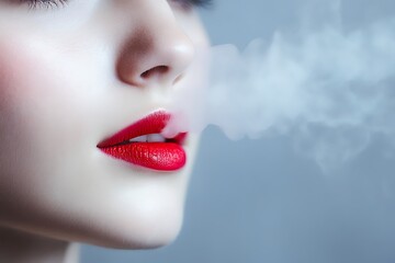 Fototapeta premium Elegant red lips exhaling white smoke