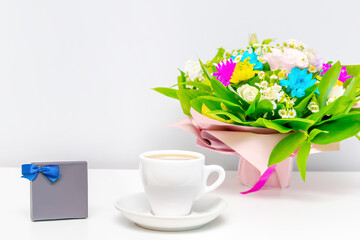 Colorful bouquet.Beautiful flowers,gift jewelry box.Spring floral romantic mockup.Flower shop,florist design,Womens,Valentines,Mother day,cup of coffee.