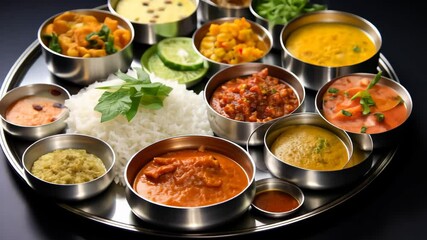 A vibrant Indian thali featuring an array of colorful vegetarian dishes with rice, chapati, and lentils, set against a dark backdrop, ideal for sharing during festivities or special gatherings