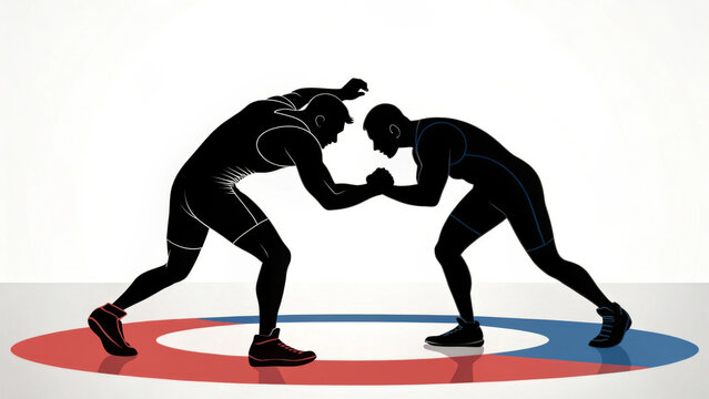 Two silhouetted wrestlers compete in a ring, one outlined in red and the other in blue. Their dynamic poses and strong stances highlight the intensity and competitiveness of the sport.AI